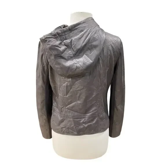 Hinge Brown Leather Jacket Hoodie Size Medium Zipper Pockets -Classy Comfort - Picture 2 of 13